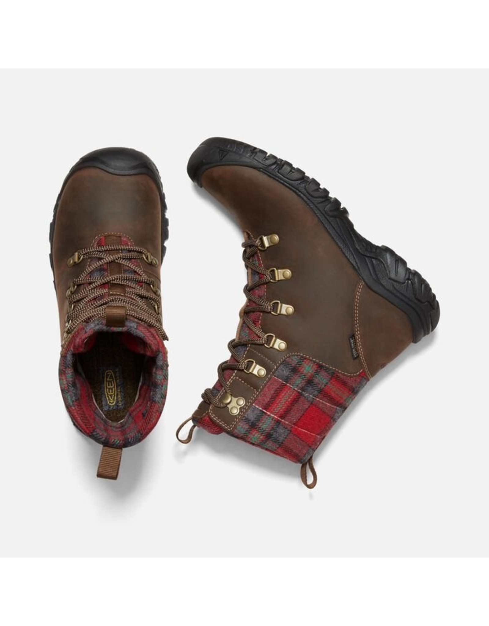 KEEN WOMEN'S GRETA WP BOOT-DARK BROWN/RED PLAID