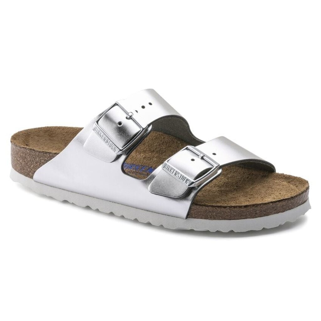 BIRKENSTOCK ARIZONA SOFT FOOTBED LEATHER-METALLIC SILVER
