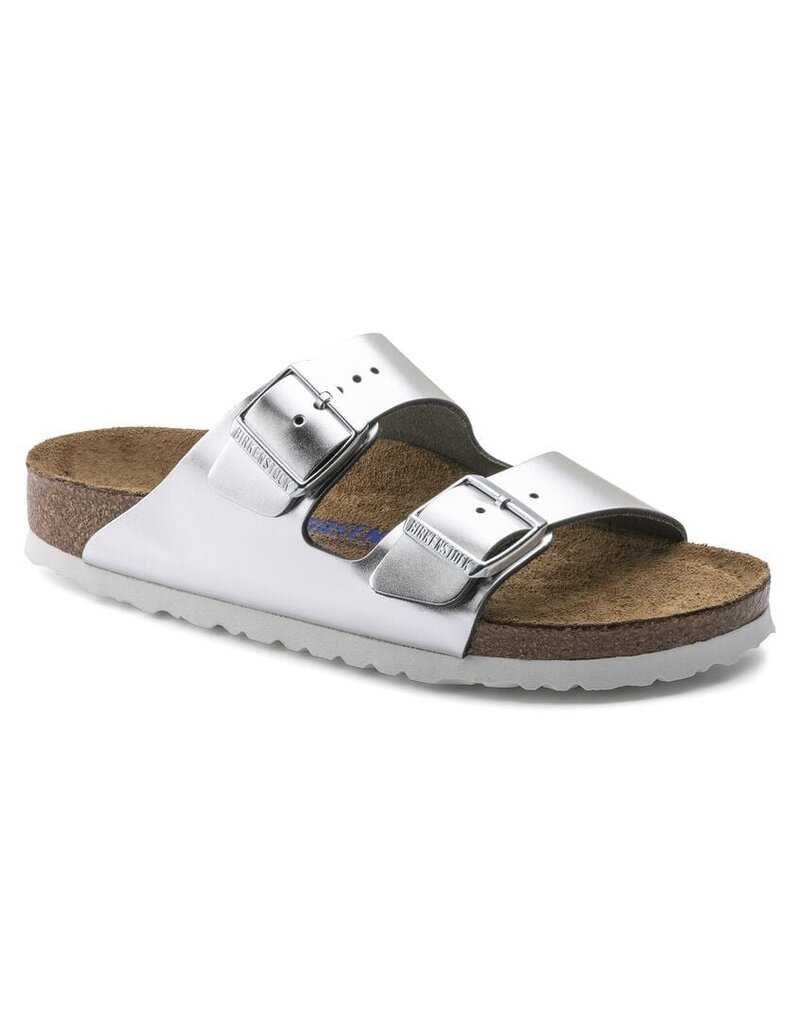 BIRKENSTOCK ARIZONA SOFT FOOTBED LEATHER-METALLIC SILVER