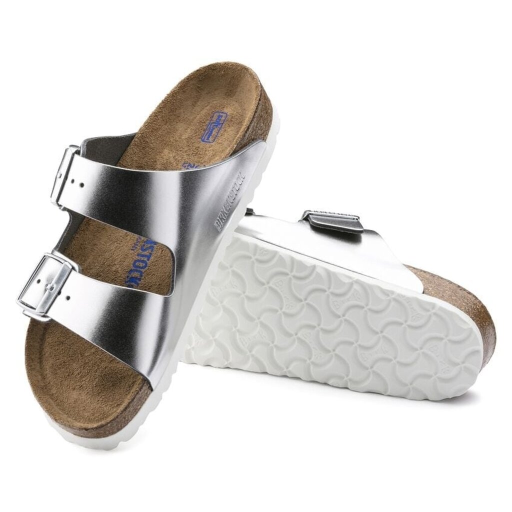 BIRKENSTOCK ARIZONA SOFT FOOTBED LEATHER-METALLIC SILVER