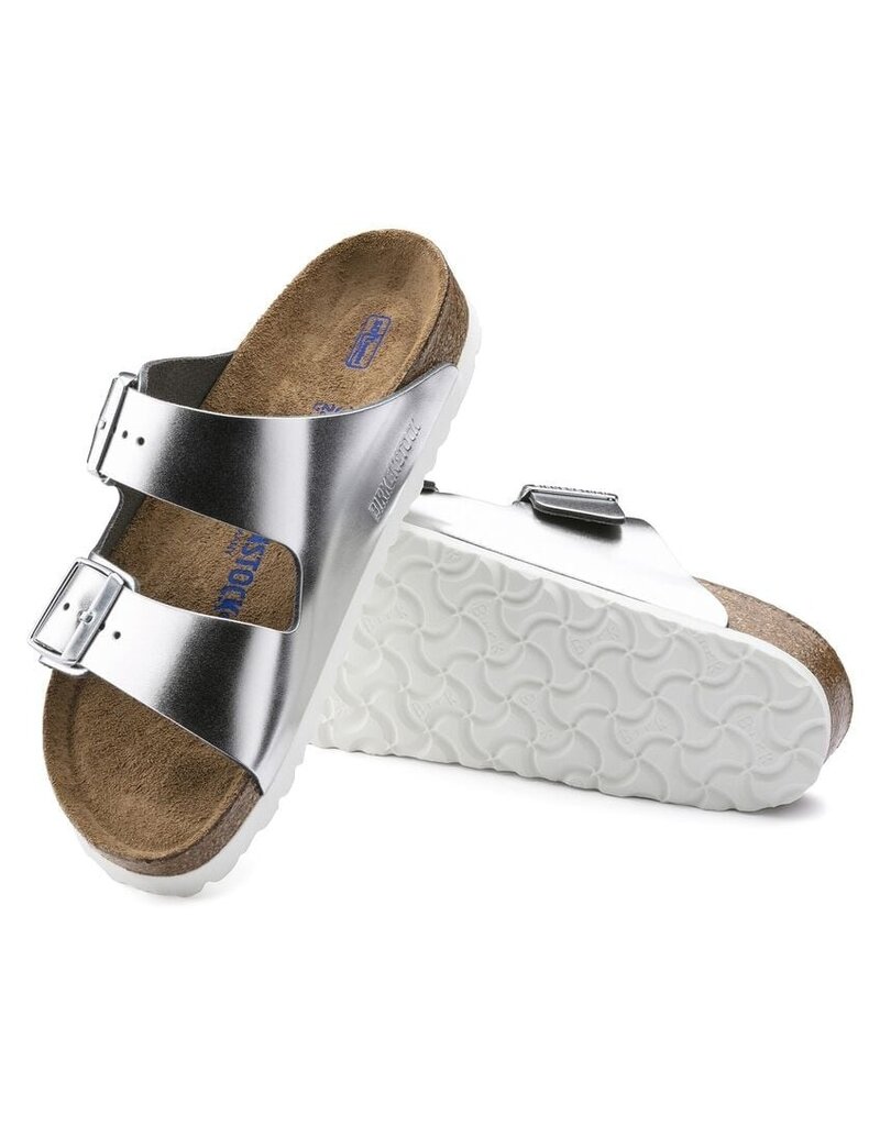 BIRKENSTOCK ARIZONA SOFT FOOTBED LEATHER-METALLIC SILVER