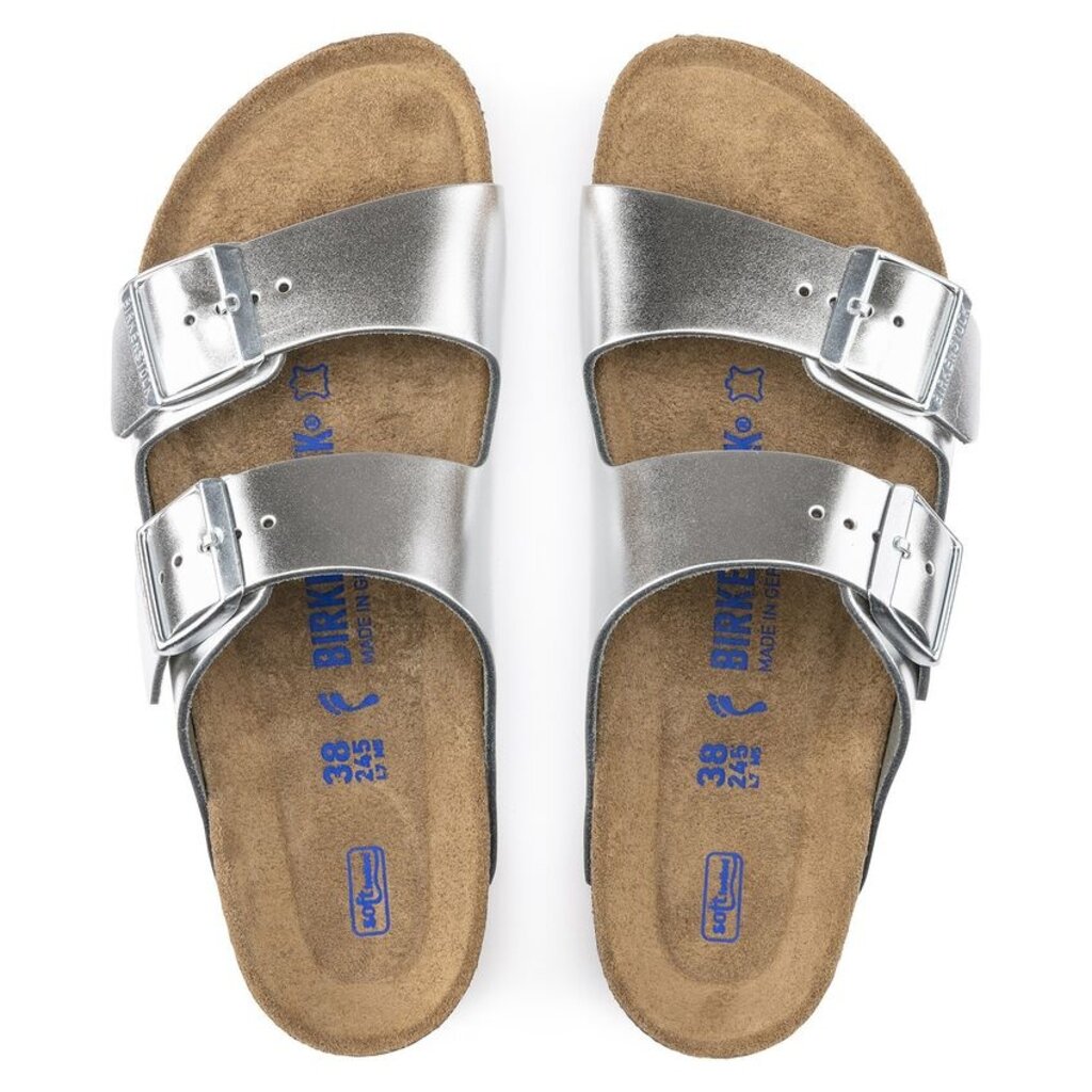 BIRKENSTOCK ARIZONA SOFT FOOTBED LEATHER-METALLIC SILVER