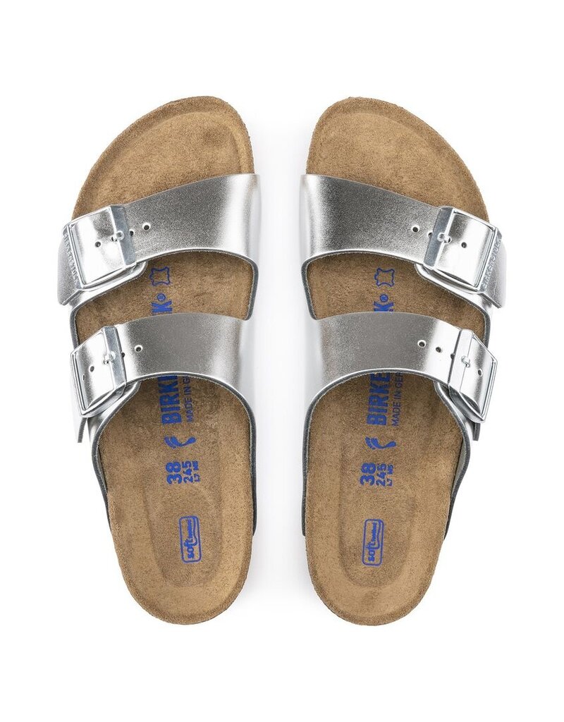 BIRKENSTOCK ARIZONA SOFT FOOTBED LEATHER-METALLIC SILVER