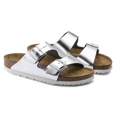 BIRKENSTOCK ARIZONA SOFT FOOTBED LEATHER-METALLIC SILVER