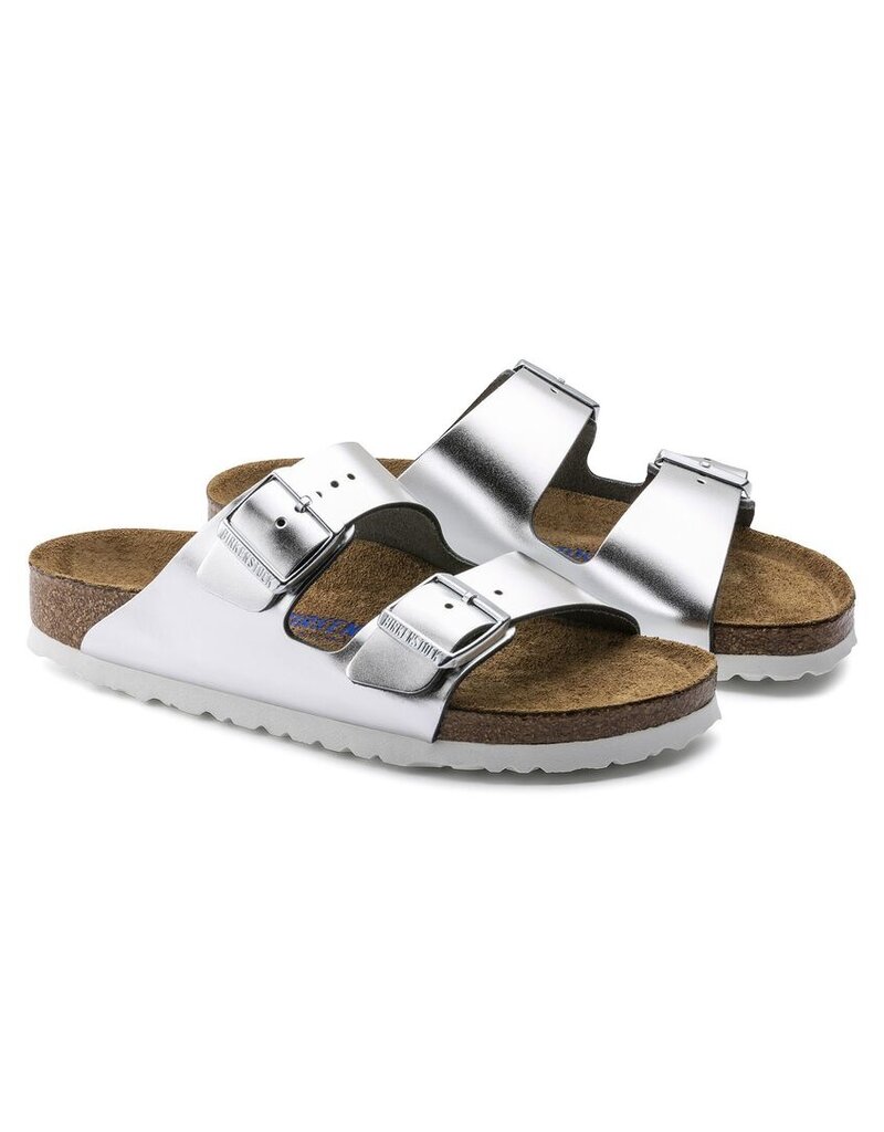 BIRKENSTOCK ARIZONA SOFT FOOTBED LEATHER-METALLIC SILVER