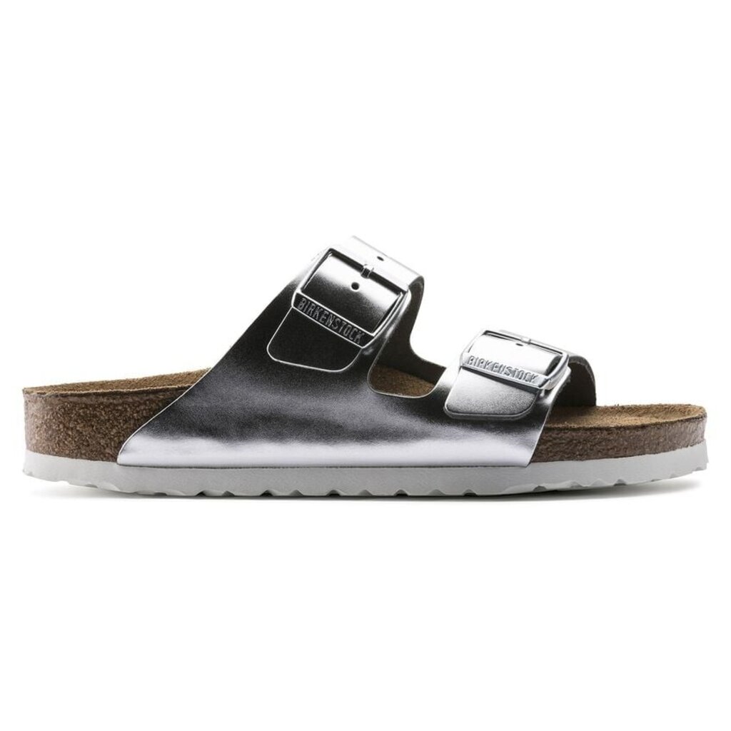 BIRKENSTOCK ARIZONA SOFT FOOTBED LEATHER-METALLIC SILVER