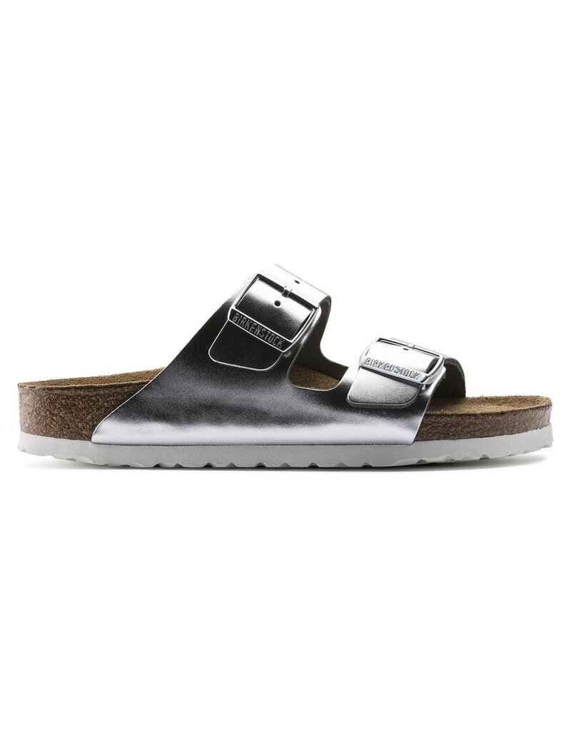 BIRKENSTOCK ARIZONA SOFT FOOTBED LEATHER-METALLIC SILVER