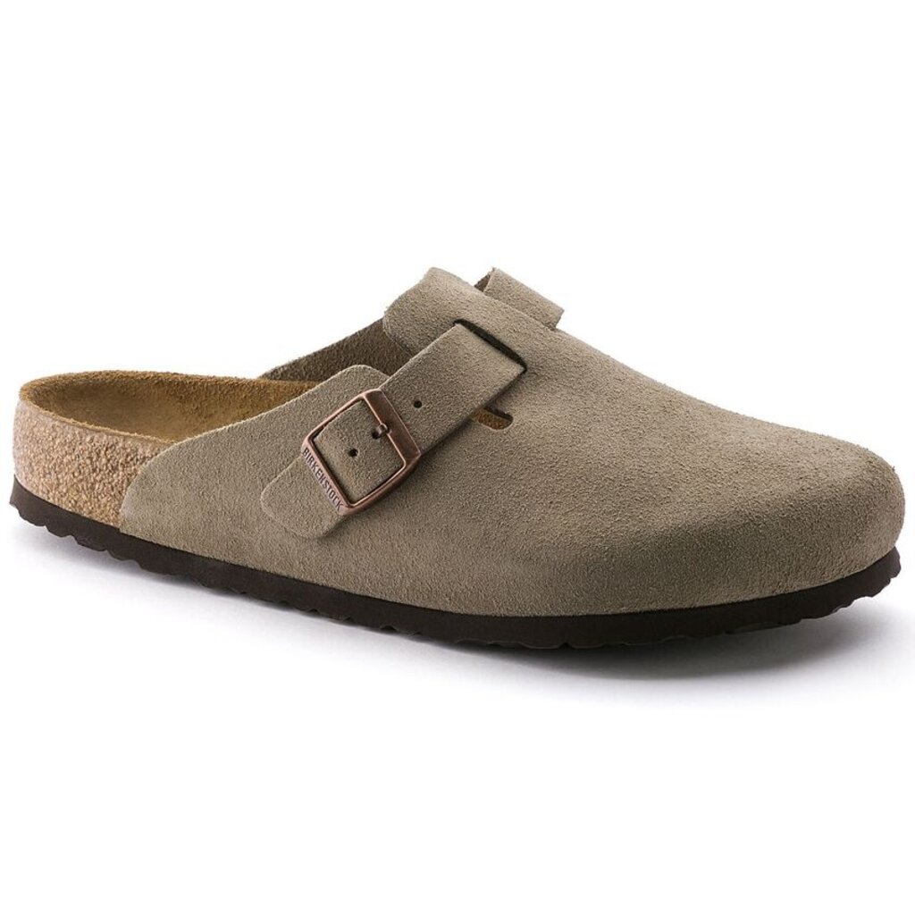 BIRKENSTOCK BOSTON SOFT FOOTBED SUEDE LEATHER-TAUPE - BEND SHOE CO