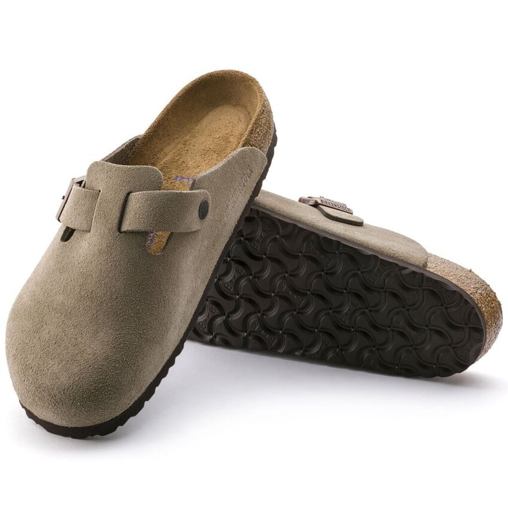 BIRKENSTOCK BOSTON SOFT FOOTBED SUEDE LEATHER-TAUPE - BEND SHOE CO