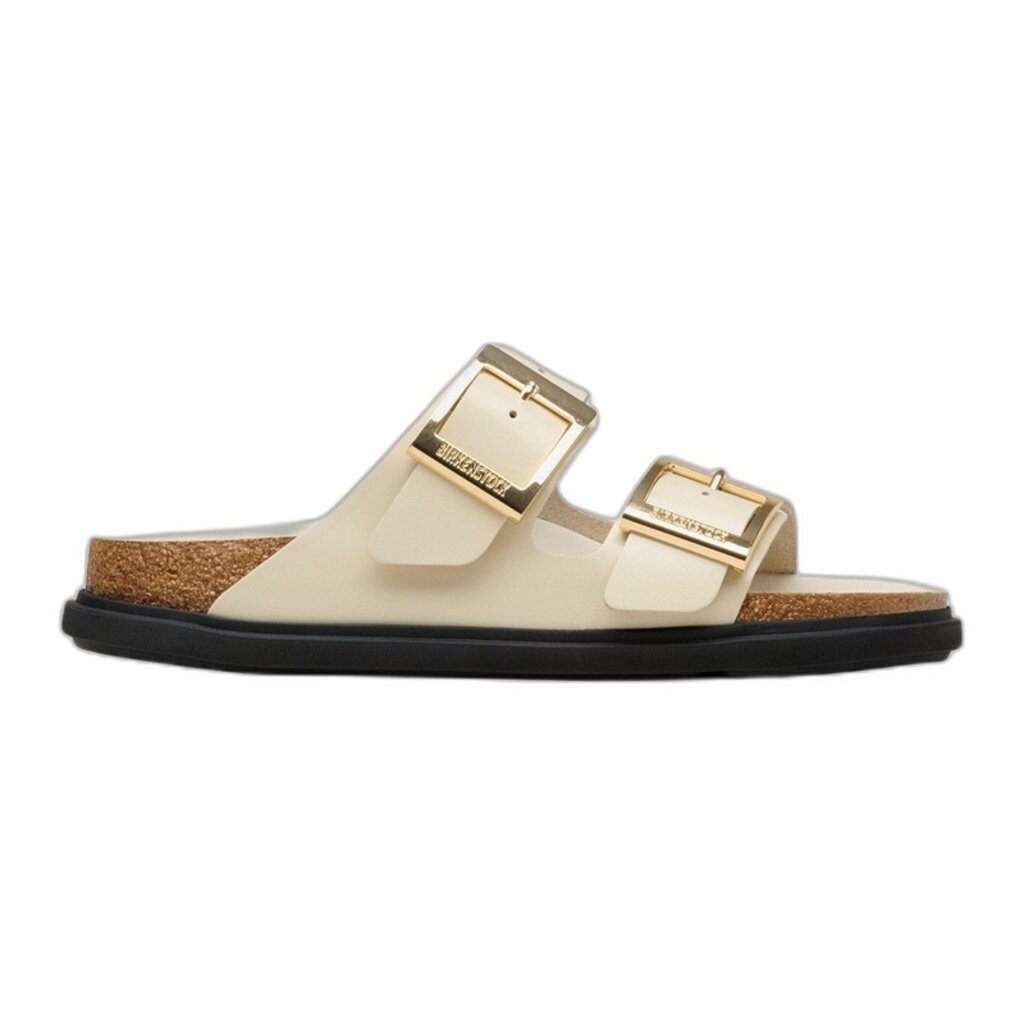 BIRKENSTOCK ARIZONA DROPLET BUCKLE HIGH SHINE LEATHER-ECRU