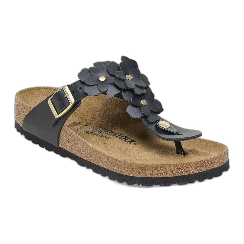 BIRKENSTOCK GIZEH LEATHER-FLOWERS BLACK