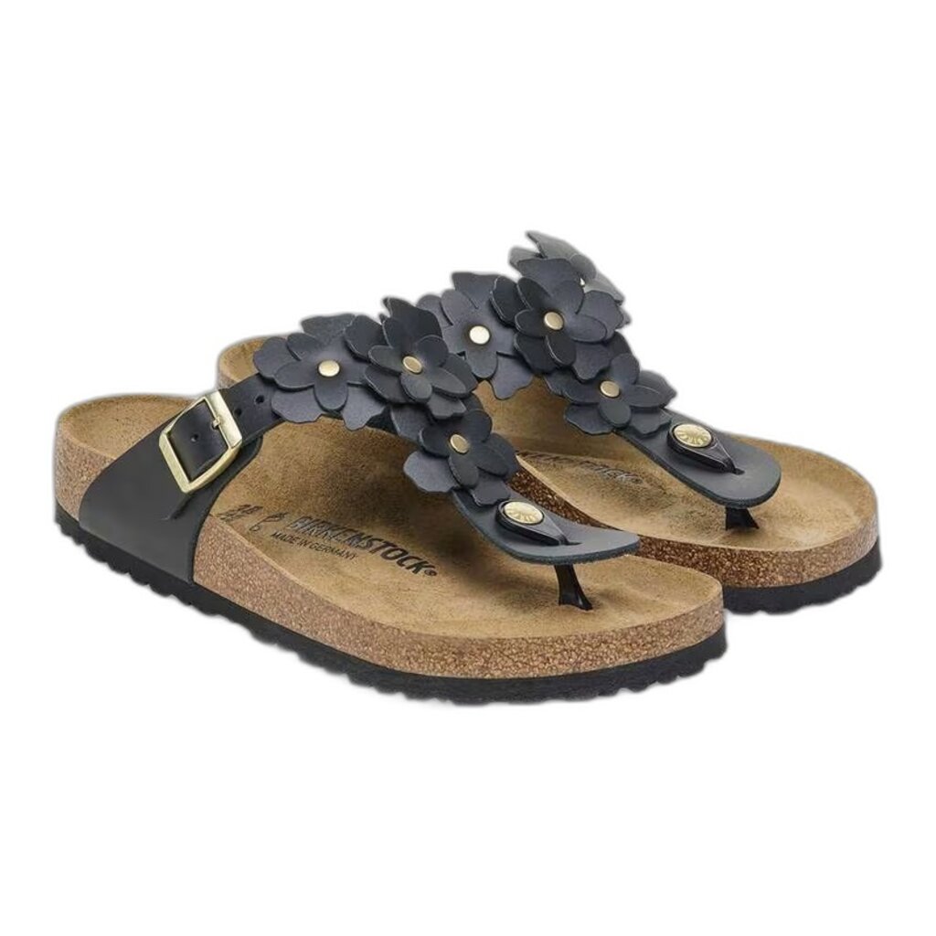 BIRKENSTOCK GIZEH LEATHER-FLOWERS BLACK | BEND SHOE CO