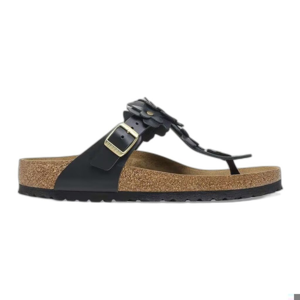 BIRKENSTOCK GIZEH LEATHER-FLOWERS BLACK | BEND SHOE CO