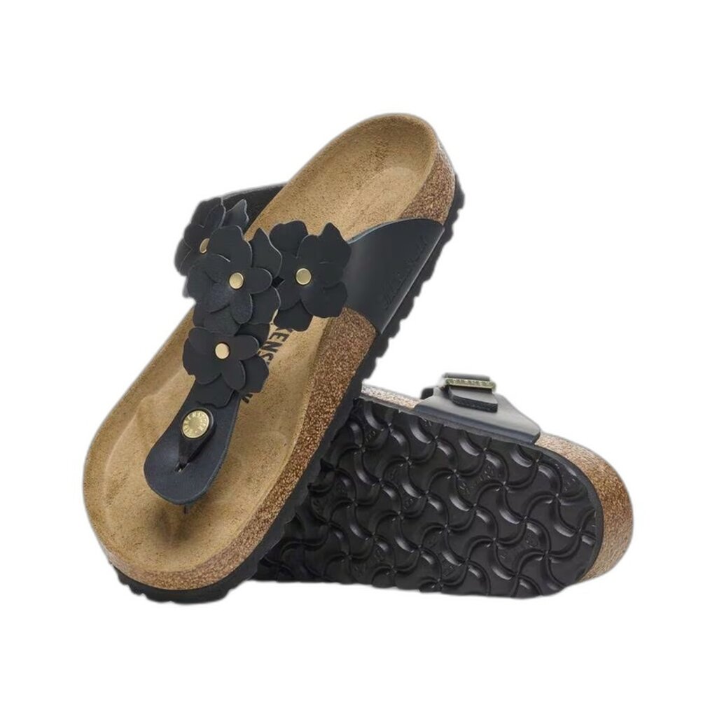 BIRKENSTOCK GIZEH LEATHER-FLOWERS BLACK | BEND SHOE CO