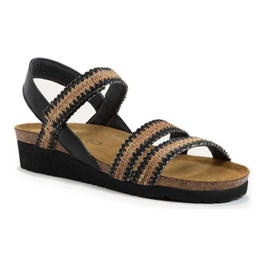 NAOT WOMEN'S KAYLA-BLACK LEATHER/BROWN RAFFIA | BEND SHOE CO