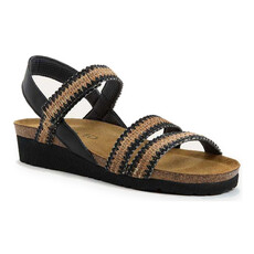 NAOT WOMEN'S KAYLA-BLACK LEATHER/BROWN RAFFIA | BEND SHOE CO