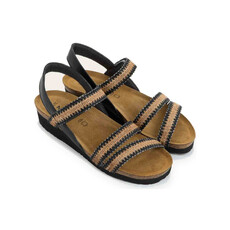 NAOT WOMEN'S KAYLA-BLACK LEATHER/BROWN RAFFIA | BEND SHOE CO