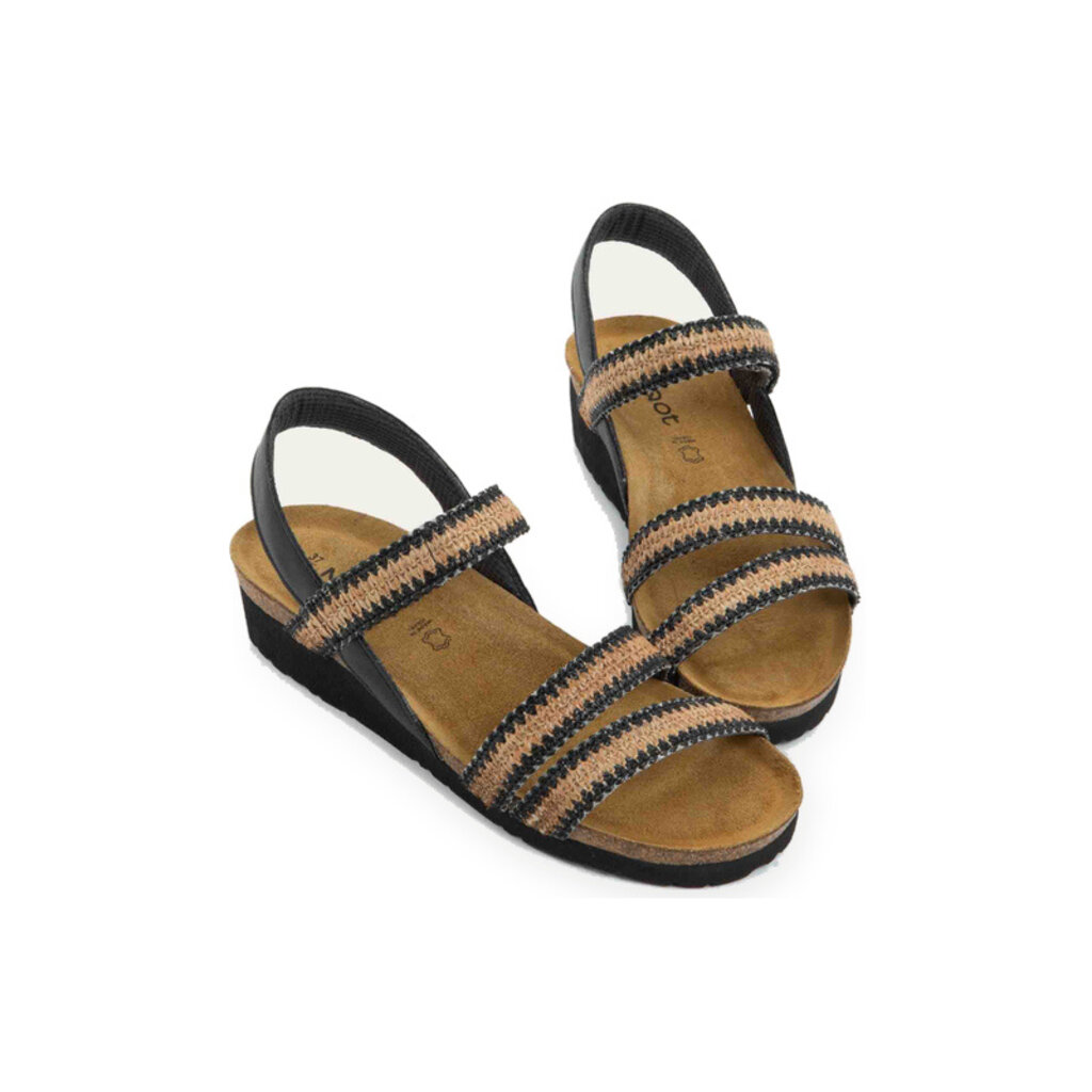 NAOT WOMEN'S KAYLA-BLACK LEATHER/BROWN RAFFIA | BEND SHOE CO