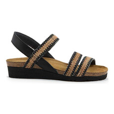 NAOT WOMEN'S KAYLA-BLACK LEATHER/BROWN RAFFIA | BEND SHOE CO