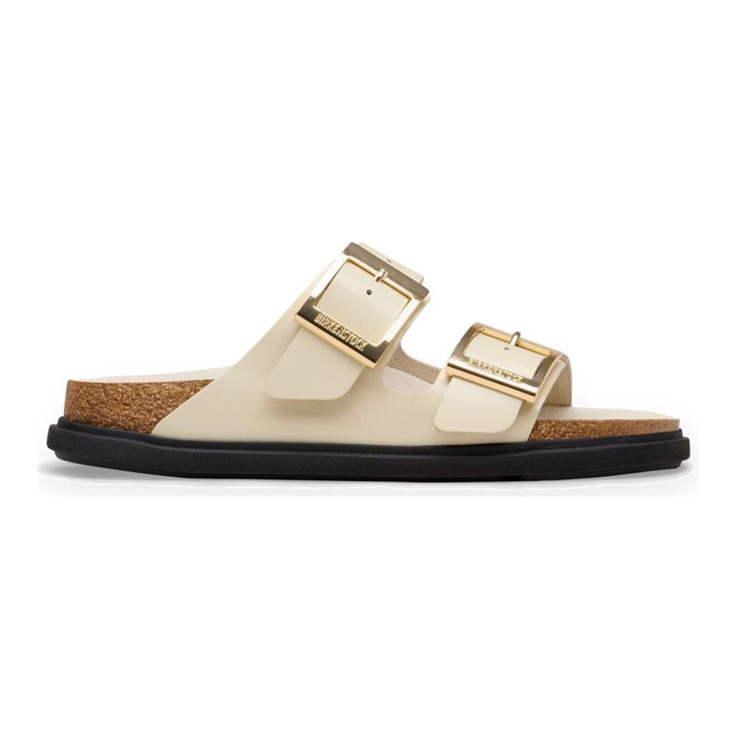 BIRKENSTOCK ARIZONA DROPLET BUCKLE HIGH SHINE LEATHER-ECRU