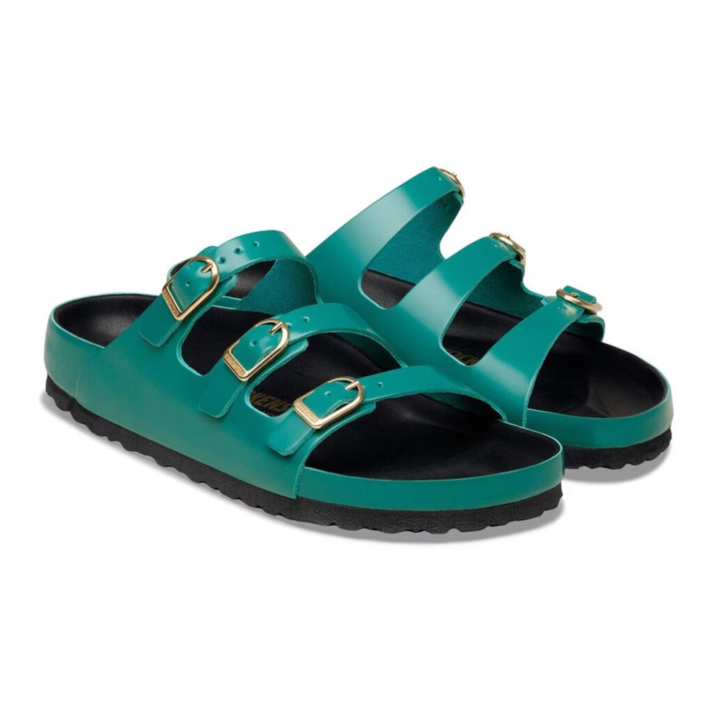 BIRKENSTOCK FLORIDA EXQUISITE D BUCKLE HIGH SHINE LEATHER-DARK TEAL | BEND SHOE CO