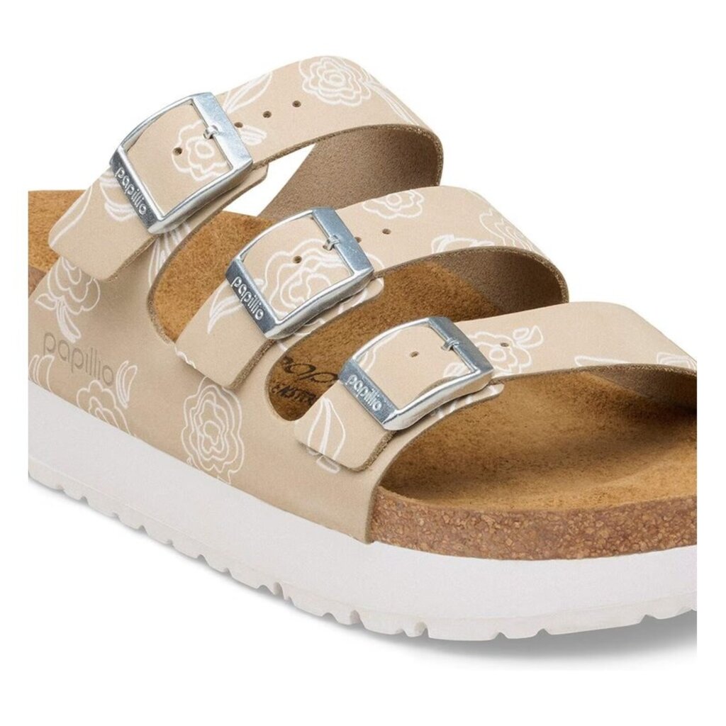 BIRKENSTOCK FLORIDA III FLEX PLATFORM FLOWERS NUBUCK-OYSTER | BEND SHOE CO