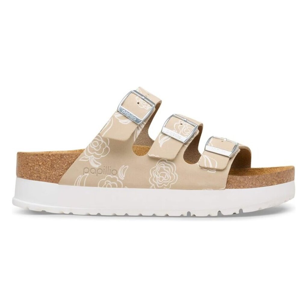 BIRKENSTOCK FLORIDA III FLEX PLATFORM FLOWERS NUBUCK-OYSTER | BEND SHOE CO