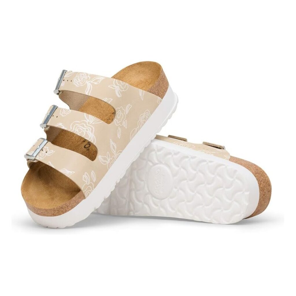 BIRKENSTOCK FLORIDA III FLEX PLATFORM FLOWERS NUBUCK-OYSTER | BEND SHOE CO