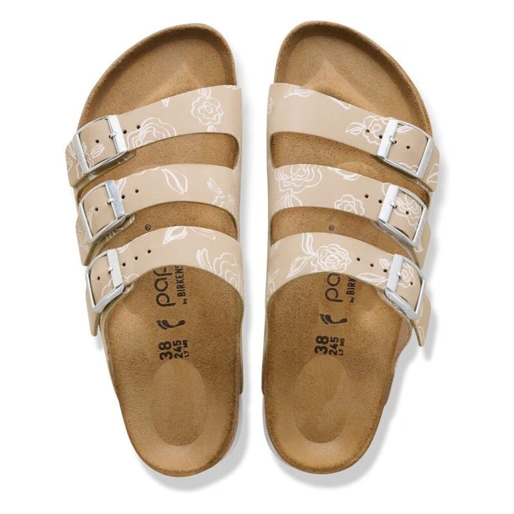 BIRKENSTOCK FLORIDA III FLEX PLATFORM FLOWERS NUBUCK-OYSTER | BEND SHOE CO