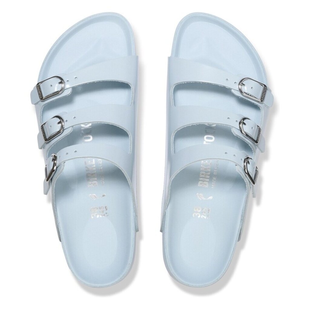 BIRKENSTOCK FLORIDA EXQUISITE BUCKLE HIGH SHINE LEATHER-BABY BLUE | BEND SHOE CO