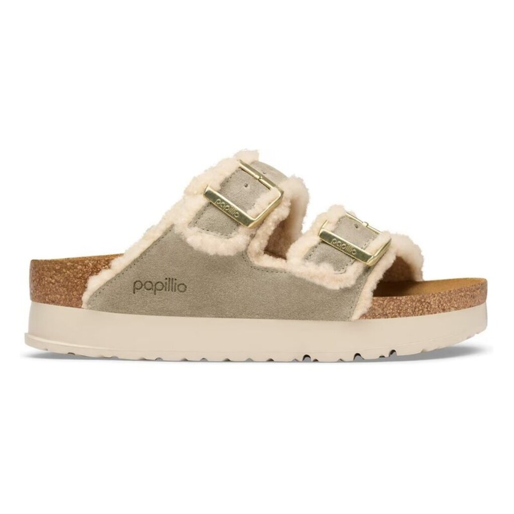 BIRKENSTOCK ARIZONA FLEX PLATFORM SUEDE/TEDDY EDGE-TAUPE/NATURAL | BEND SHOE CO
