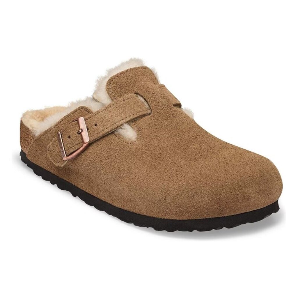 BIRKENSTOCK BOSTON SHEARLING SUEDE LEATHER-DARK TEA/SANDCASTLE | BEND SHOE CO