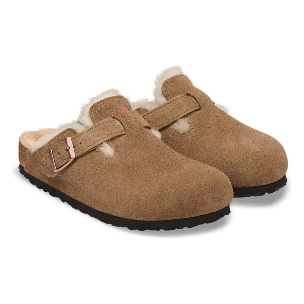 BIRKENSTOCK BOSTON SHEARLING SUEDE LEATHER-DARK TEA/SANDCASTLE | BEND SHOE CO