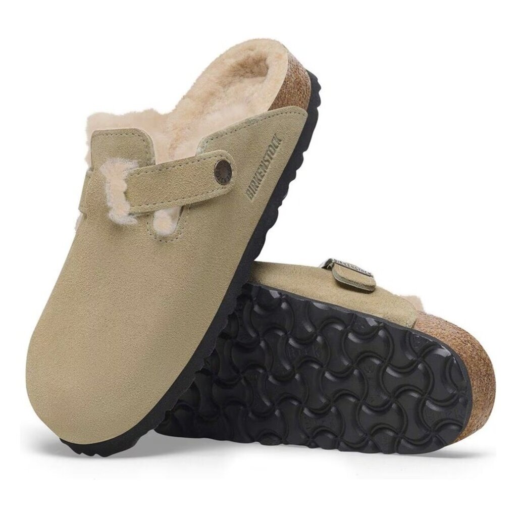 BIRKENSTOCK BOSTON SUEDE SHEARLING-TAUPE/SANDCASTLE | BEND SHOE CO