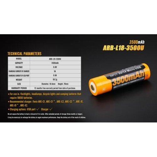 Fenix ARB-L18-3500U 18650 Micro-USB Rechargeable Battery Fenix Fenix ARB-L18-3500U 18650 Micro-USB Rechargeable Battery Fenix