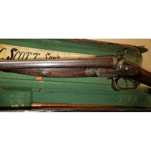 W. & C. Scott Double Barrel Hammer 12 bore Shotgun, 1872 w Original case, Excellent condition