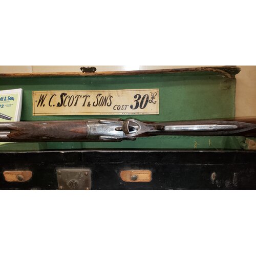 W. & C. Scott Double Barrel Hammer 12 bore Shotgun, 1872 w Original case, Excellent condition