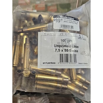PPU 7.5 x 55 Swiss Brass 100 pieces, Unprimed Virgin