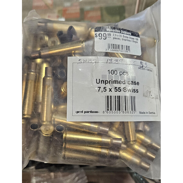 PPU 7.5 x 55 Swiss Brass 100 pieces, Unprimed Virgin