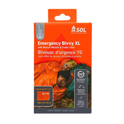 SOL Emergency Bivvy XL with rescue whistle and tinder cord 84"x 60" SOL Emergency Bivvy XL with rescue whistle and tinder cord 84"x 60"
