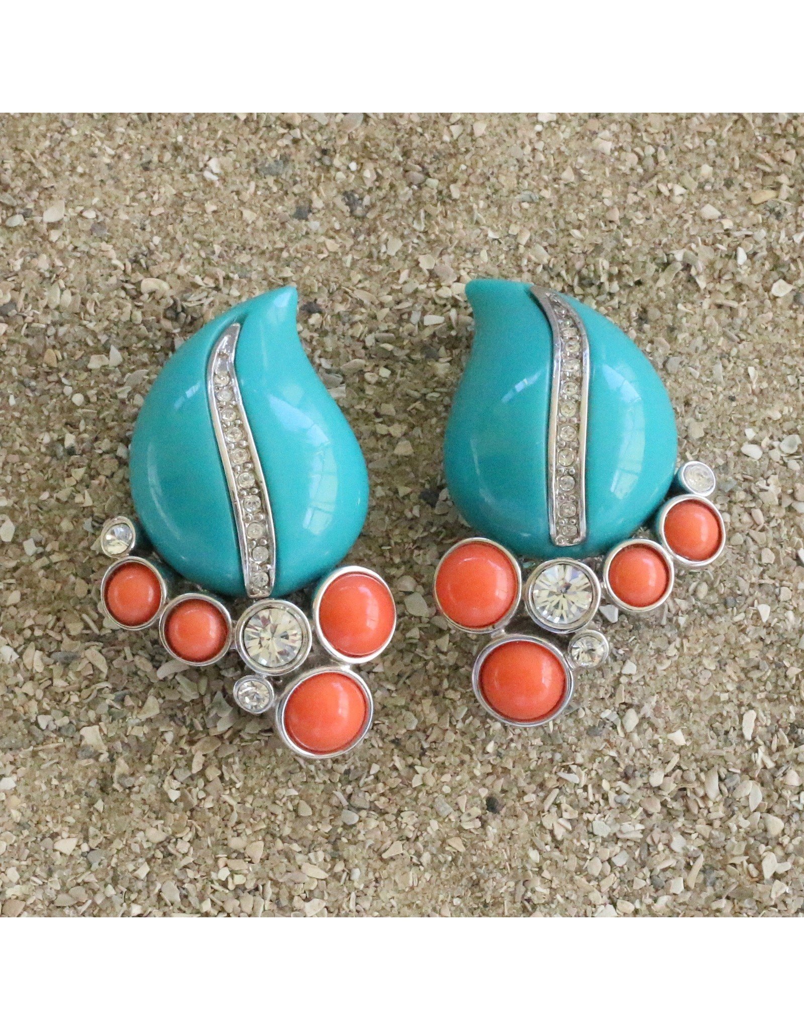 Kenneth Jay Lane Turquoise, Coral and Silver Clip Earring