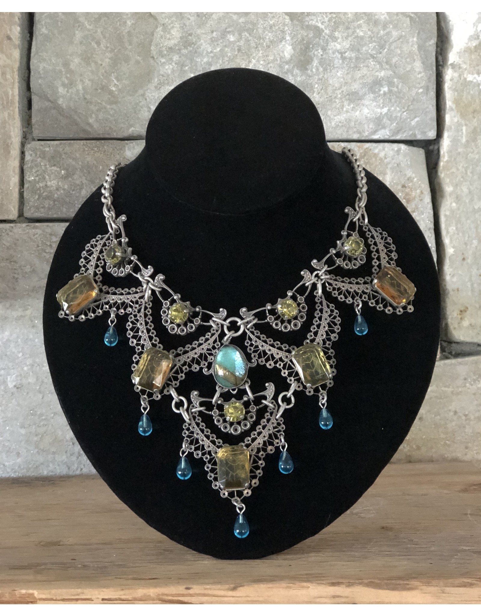 Jean Louis Blinn Antique Silver Lace Aqua and Olive Drops Necklace