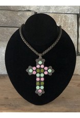 Jean Louis Blinn Bronze, Pink, Green Stones Cross Necklace