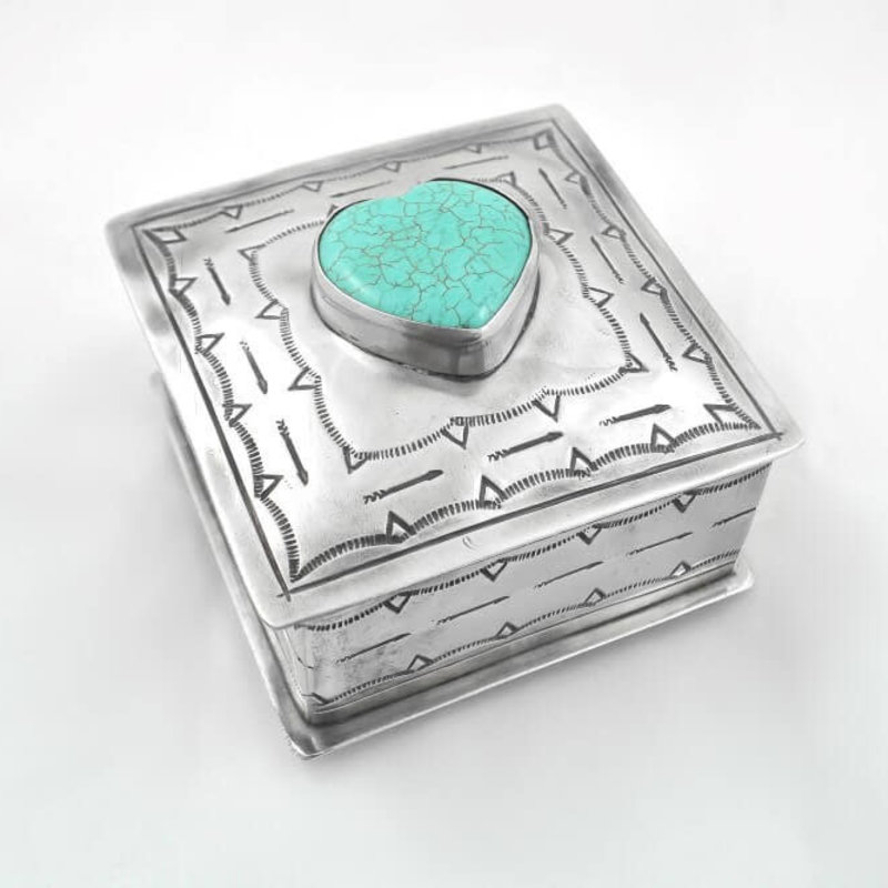 STAMPED SQ BOX W/TURQUOISE heart