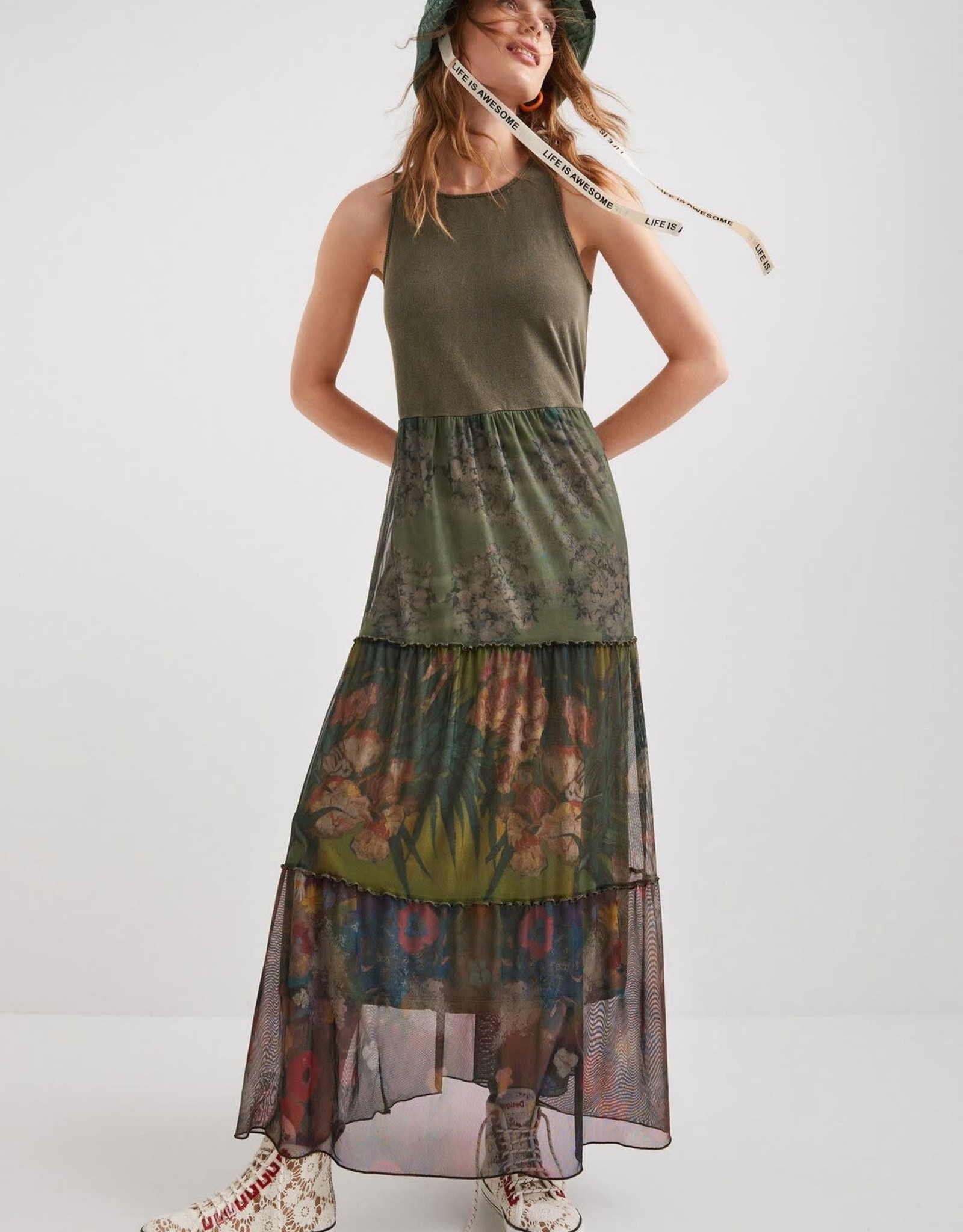 Desigual Tiered Maxi Dress Olive