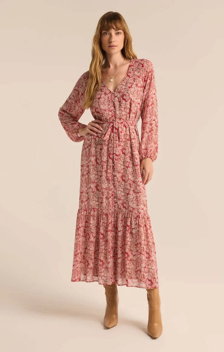 red midi dress long sleeve Red Ribbed Wrap Midi Dress