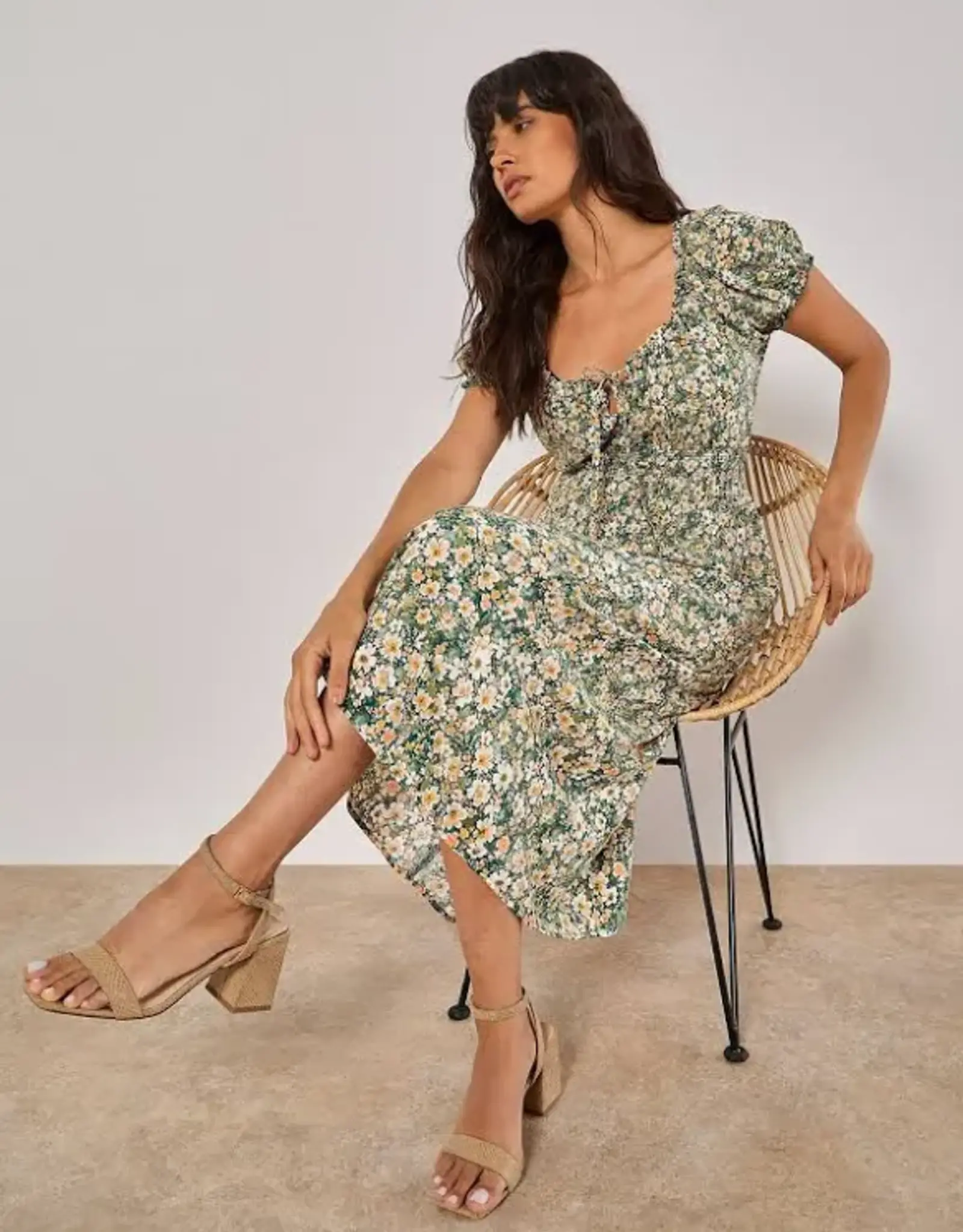 Apricot Ditsy Spring Print Midi Dress