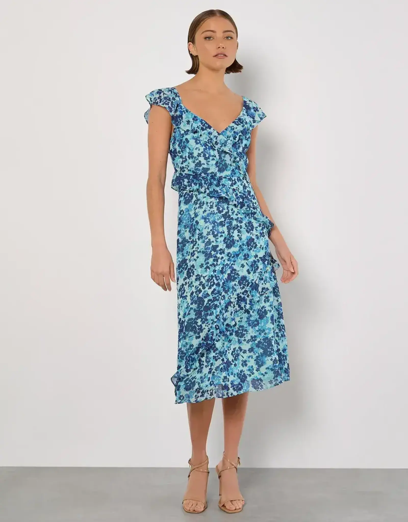 Apricot Asymmetrical Floral Ruffle Dress