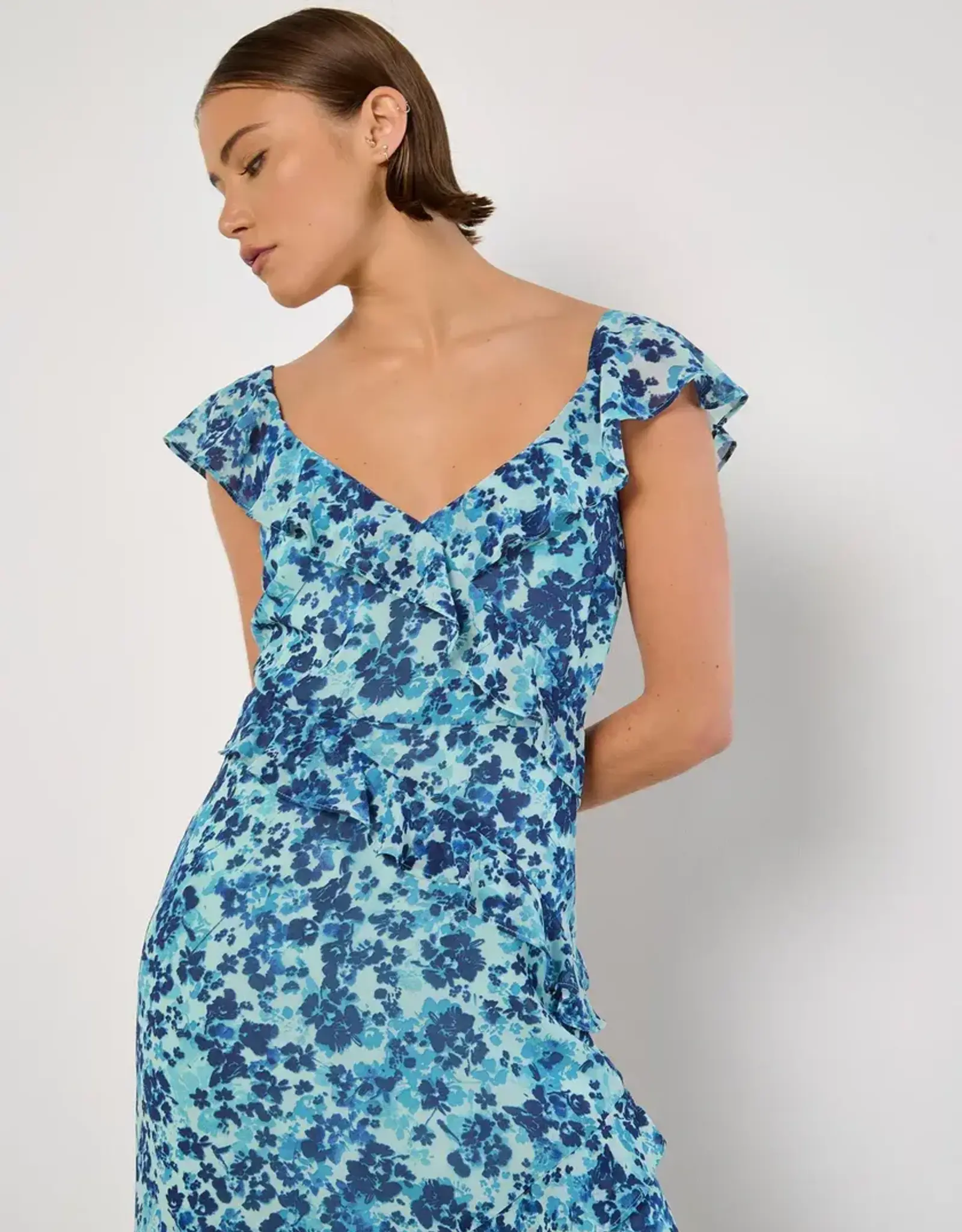 Apricot Asymmetrical Floral Ruffle Dress