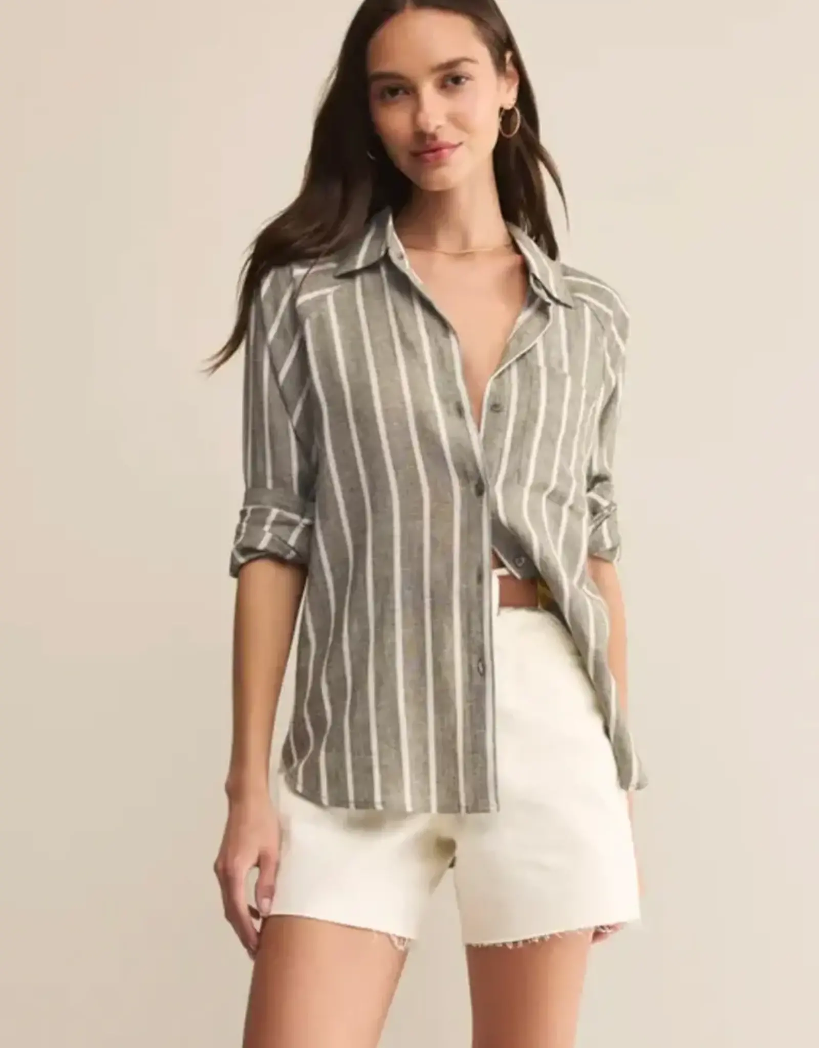 Z Supply Perfect  Linen Stripe Shirt Fern